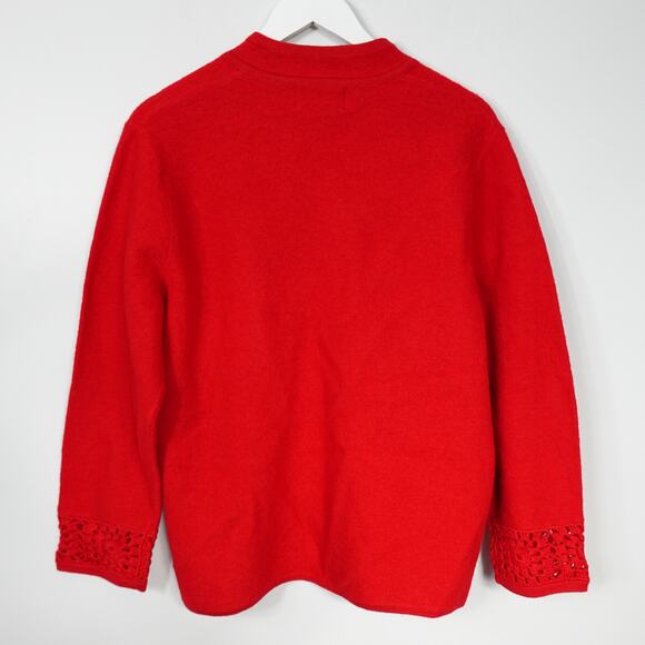 Vintage Red Wool Crochet Sleeve Sweater Zip Jacket Grandma Granny Grandpacore - Picture 2 of 7
